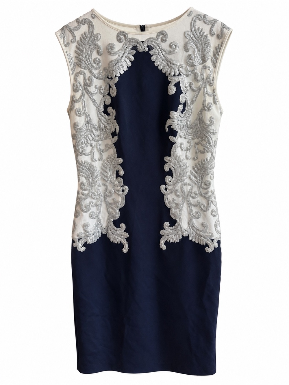Tadashi Shoji Navy & White Silver Sequin Embroidered Cocktail Dress size 8
